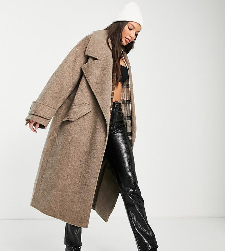 Asos Design Tall Hero Brushed Chuck On Coat In Mushroom-brown