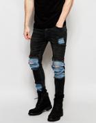 Asos Super Skinny Jeans With Mega Rip And Repair In Washed Black - Washed Black