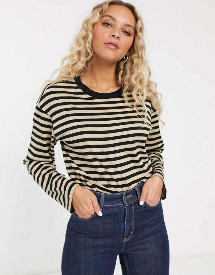 Monki Striped Long Sleeve Top In Beige And Black-multi