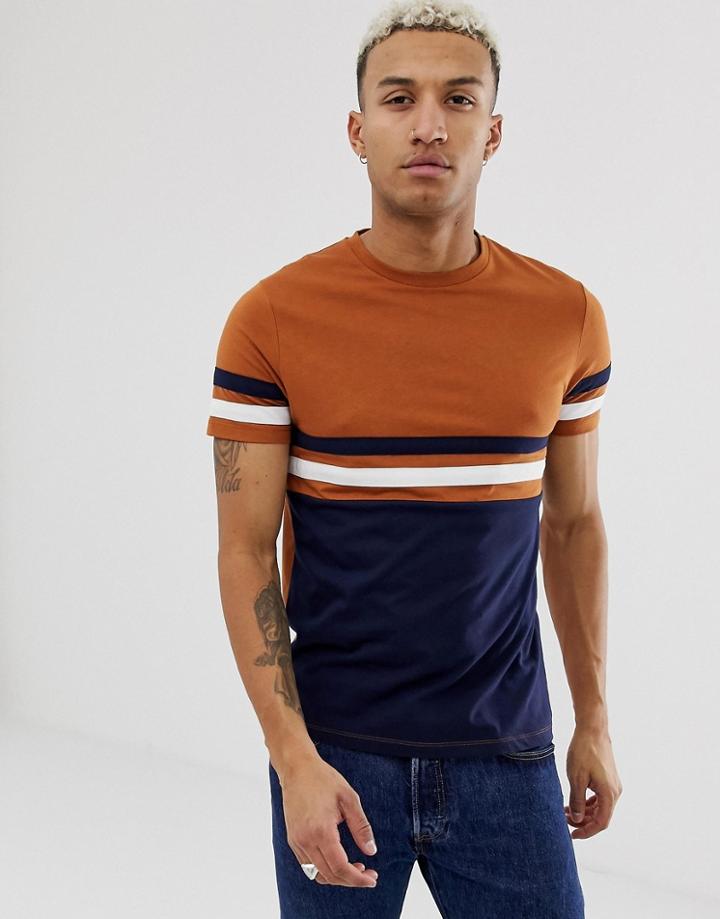 Asos Design T-shirt With Contrast Body And Sleeve Panels In Rust - Brown