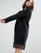 Asos Ribbed Sweat Dress With Lace Hem - Black