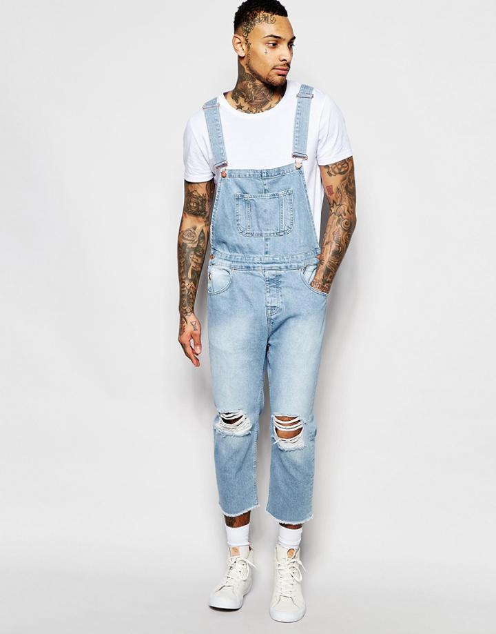 Asos Denim Overalls With Rips In Light Wash - Light Blue