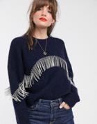 & Other Stories Fringe Detail Sweater In Deep Purple-navy