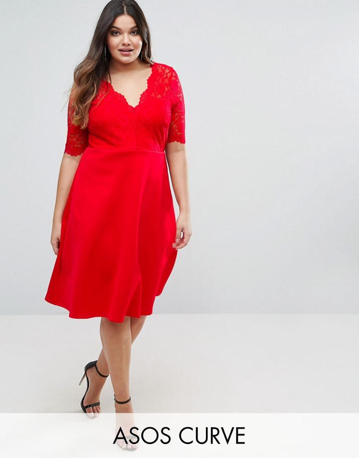 Asos Curve Midi Skater Dress With Scuba Skirt And Lace Top - Red