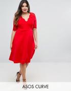 Asos Curve Midi Skater Dress With Scuba Skirt And Lace Top - Red