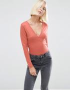 Asos Plunge Neck Top With Long Sleeves - Pink