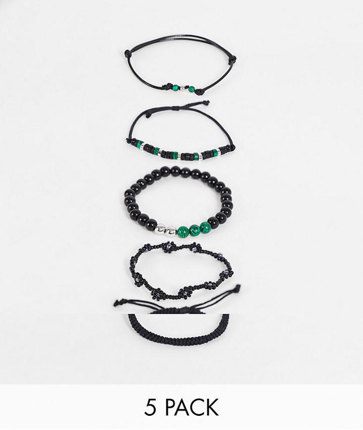 Asos Design 5 Pack Bead And Cord Bracelet Set With Green Semi Precious Stones In Black