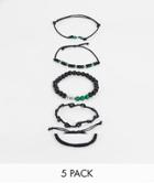 Asos Design 5 Pack Bead And Cord Bracelet Set With Green Semi Precious Stones In Black
