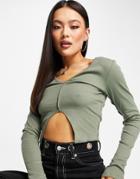 Asos Design Fitted Top With Split Front With Seam Detail Rib In Khaki-green