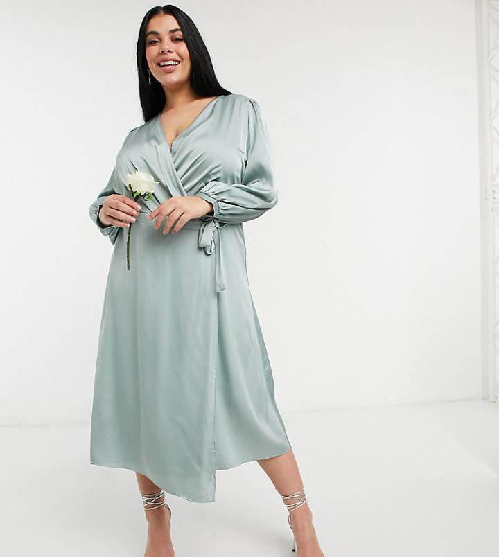 Tfnc Plus Bridesmaid Satin Long Sleeve Wrap Front Midi Dress In Sage-green