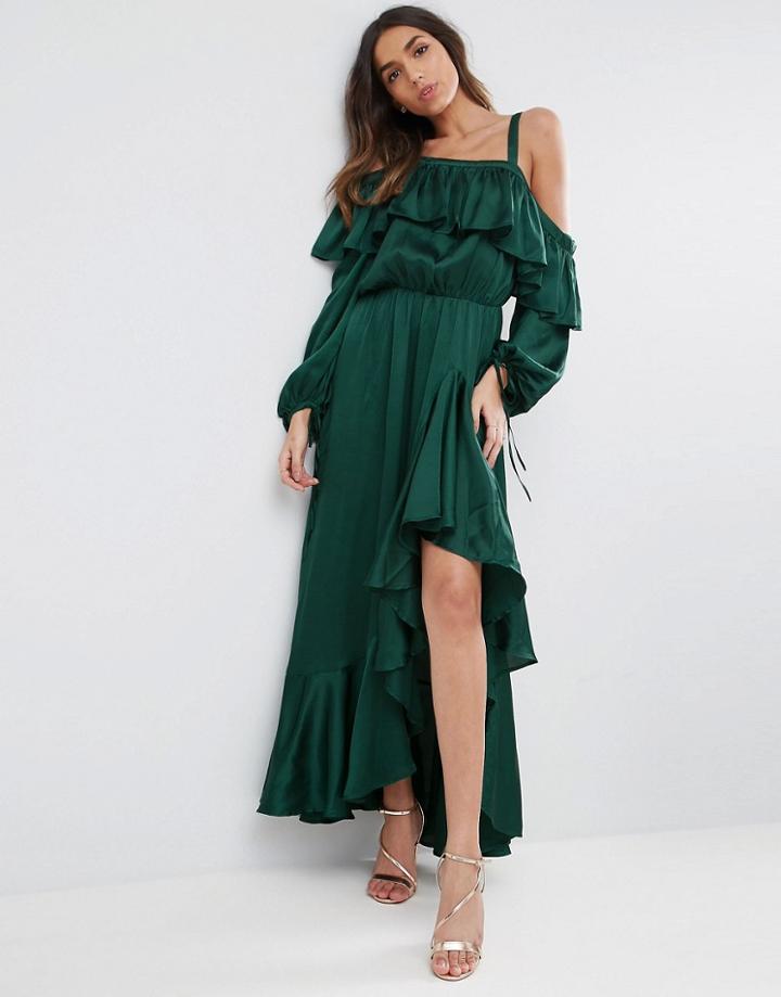Asos Cold Shoulder Ruffle Maxi Dress - Green