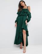 Asos Cold Shoulder Ruffle Maxi Dress - Green