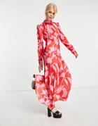 Asos Design High Neck Maxi Satin Tea Dress In Large Red Based Pink Floral-multi