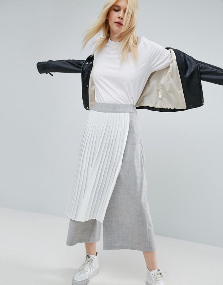 Asos White Culottes With Chiffon Pleated Overskirt - Gray