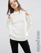 Asos Petite Sweater In Cable Stitch With Cold Shoulder - Cream