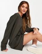 Miss Selfridge Long Sleeve T-shirt Dress In Khaki-green