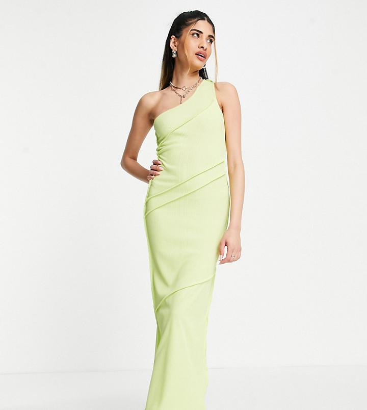 Collusion Exposed Seam One Shoulder Midi Dress In Lime-green