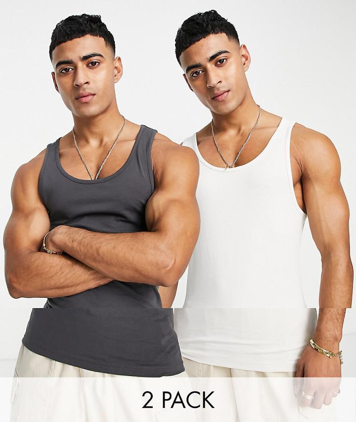 Asos Design 2 Pack Cotton Blend Muscle Tank Top In Multi - Multi