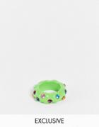 Reclaimed Vintage Inspired Unisex Chunky Plastic Ring With Rainbow Crystals In Green