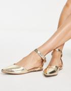London Rebel Pointed Ballet Flats With Ankle Strap In Gold Snake