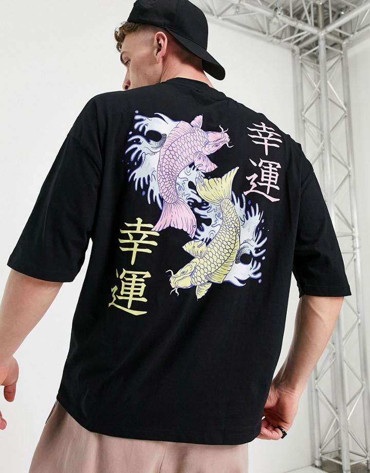 Asos Design Oversized Organic T-shirt In Black With Front & Back Carp Print