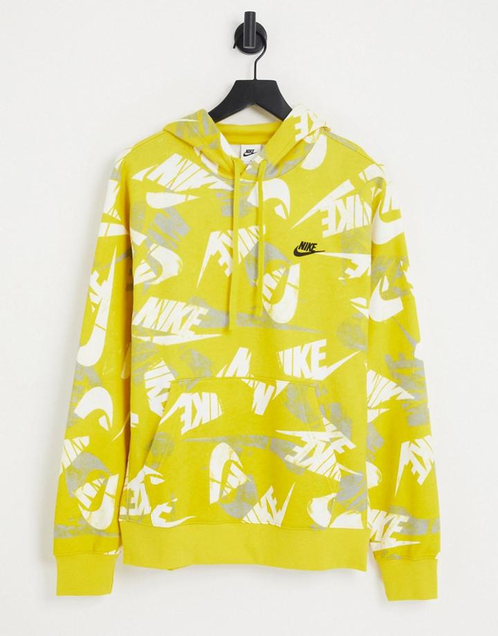 Nike Club Fleece All Over Logo Print Hoodie In Yellow