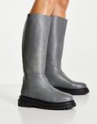 Asos Design Cameo Premium Leather Pull On Knee Boots In Gray-grey