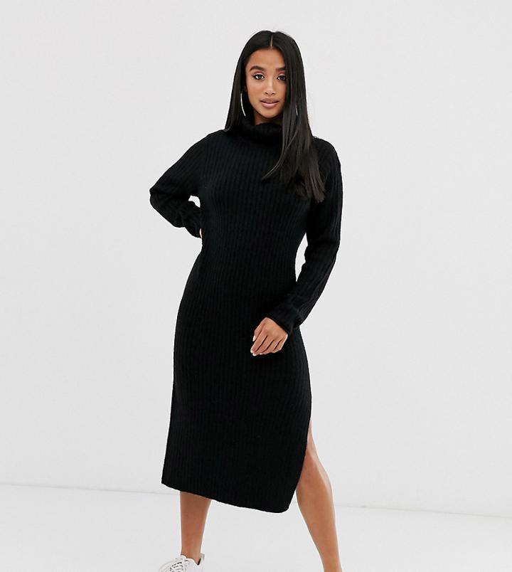 Asos Design Petite Chunky Midi Dress With Side Split In Recycled Blend-black