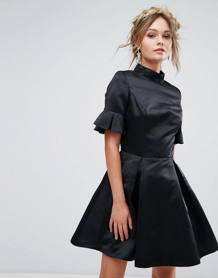 Chi Chi London High Neck Mini Dress With 3/4 Sleeve And Frill Detail - Black