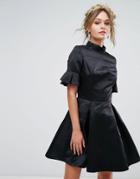 Chi Chi London High Neck Mini Dress With 3/4 Sleeve And Frill Detail - Black
