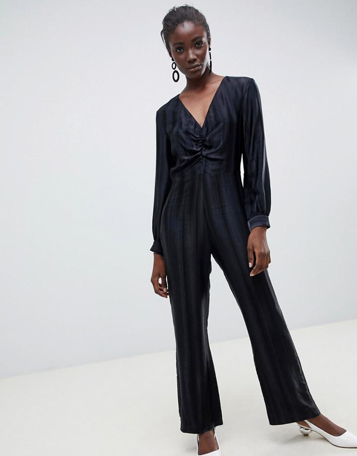 Asos White Self Stripe Wide Leg Jumpsuit-black