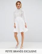 Little Mistress Petite 3/4 Sleeve Lace Top Pleated Mini Dress - White
