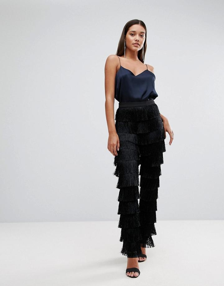 Lavish Alice Black Fringed Tapered Leg Pants - Black