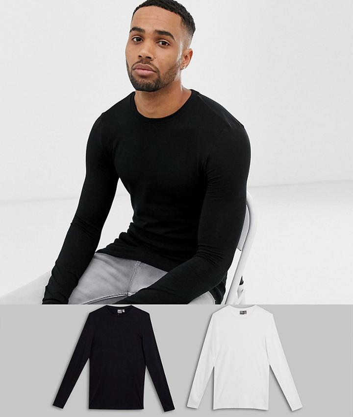 Asos Design Tall Organic Muscle Fit Long Sleeve Crew Neck T-shirt With Stretch 2 Pack Save - Multi