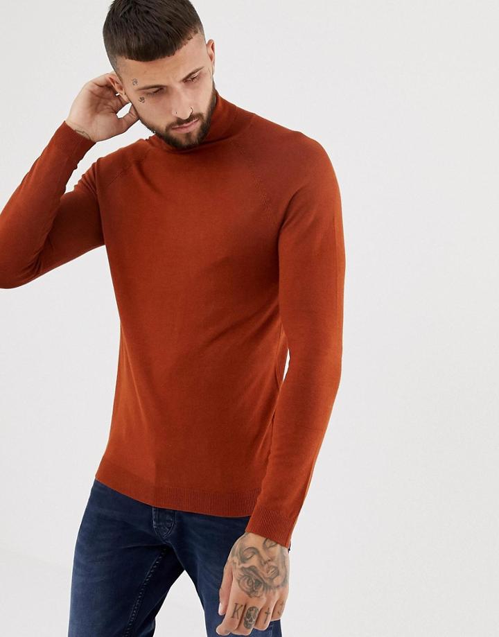 Bershka Muscle Fit Roll Neck Sweater In Brown - Brown