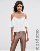 Asos Petite Satin Cropped Cold Shoulder Lace Trim Cami Top - Black
