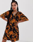 Asos Design Chuck On Mini Shirt Dress In Flame Print - Multi