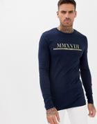 Asos Design Muscle Fit Long Sleeve T-shirt With Gold Roman Numerals Print-navy