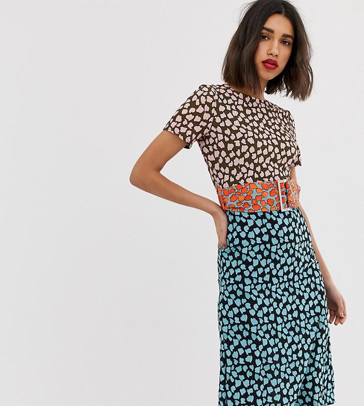 Lost Ink Midi Dress In Mixed Abstract Print With Belt - Multi
