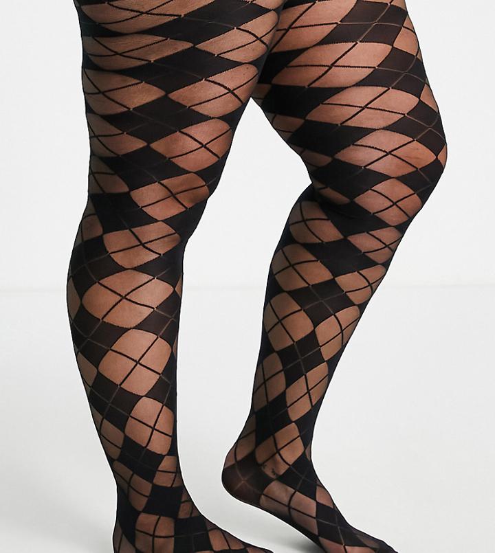 Asos Design Curve 30 Denier Argyle Plaid Tights In Black
