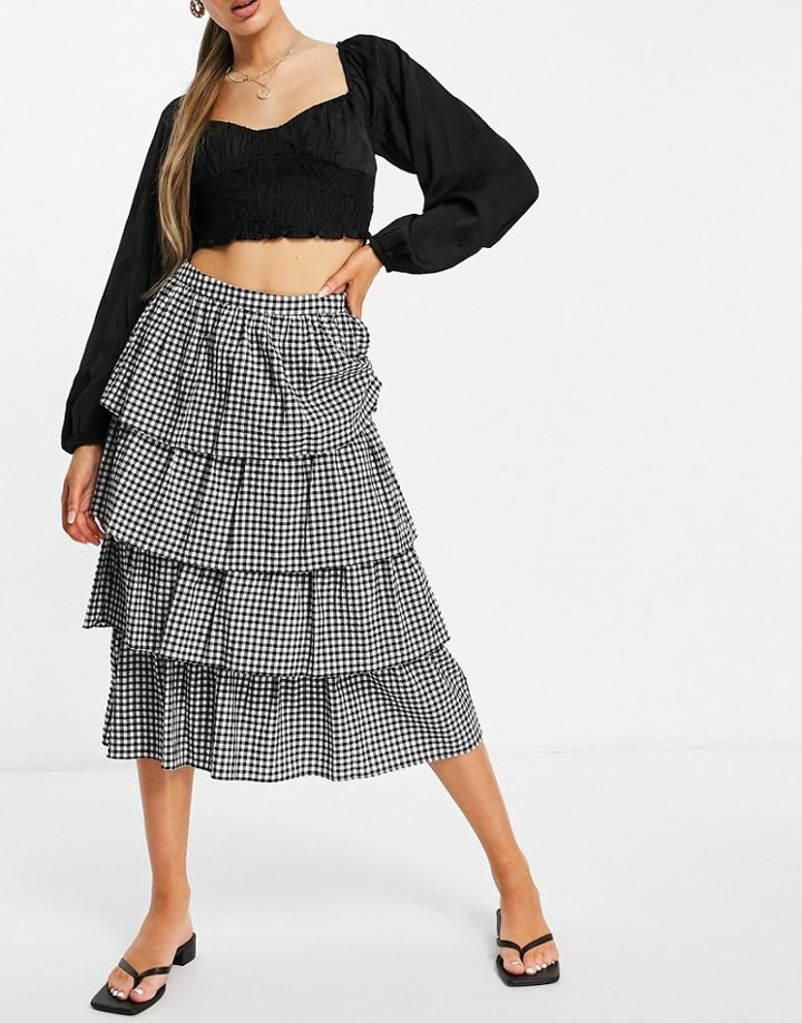 Mango Frill Midi Skirt In Mono Gingham-multi