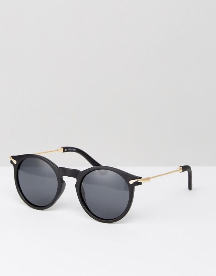 Asos Polarised Round Sunglasses With Metal Arms And Flash Lens - Black