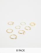 Asos Design Pack Of 8 Rings With Pearl And Faux Opal Stone Design In Gold - Gold