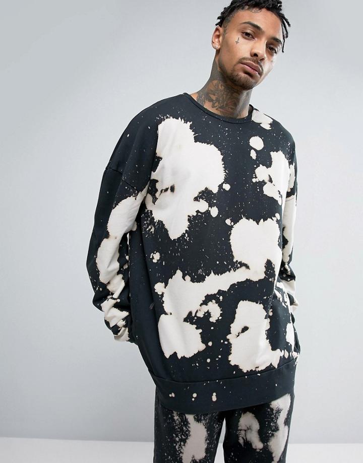 Granted Oversized Sweatshirt With Super Long Sleeves In Bleach Effect - Black