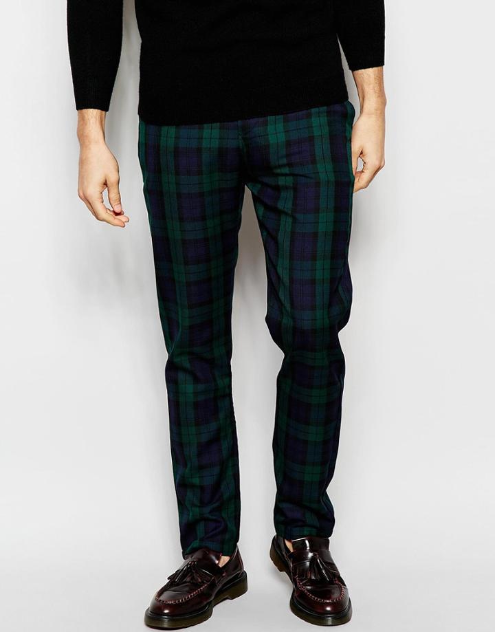 Asos Slim Chinos In Check Print - Khaki