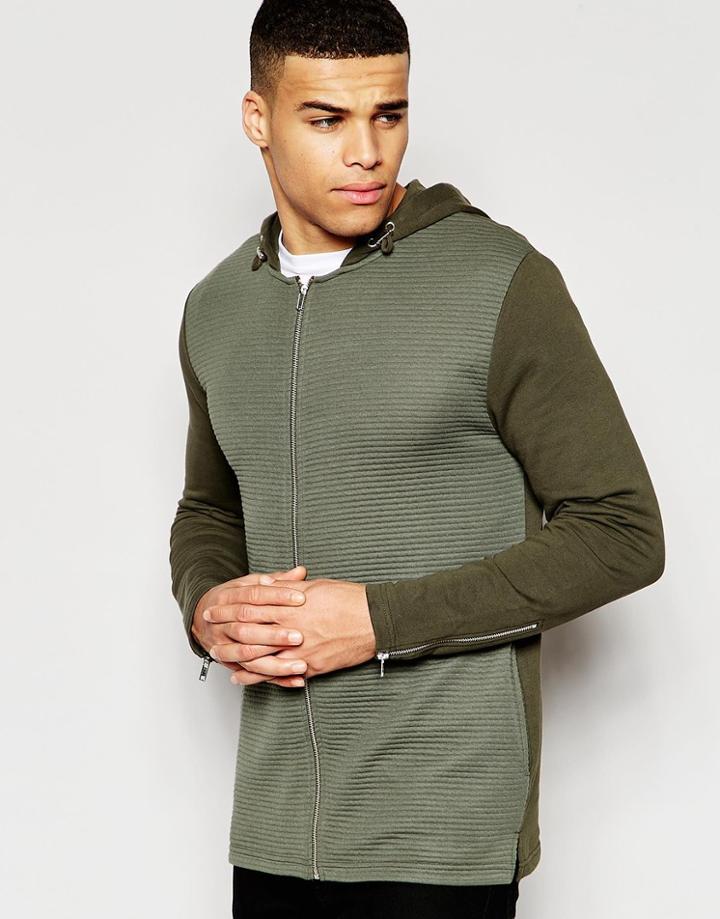 Asos Longline Rib Zip Up Hoodie In Khaki - Khaki