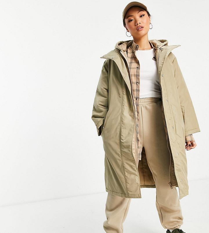 Asos Design Petite Quilted Double Layer Parka Coat In Stone-green