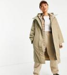Asos Design Petite Quilted Double Layer Parka Coat In Stone-green