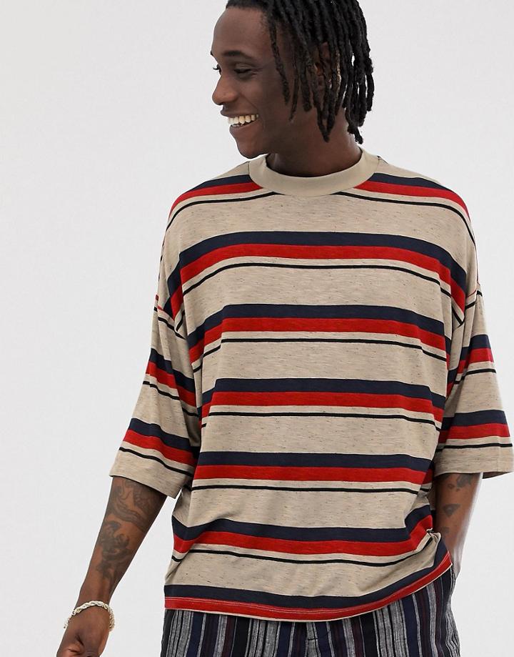Asos Design Oversized Striped T-shirt In Slub With Half Sleeve-brown