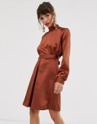 Closet High Neck Satin Mini Dress In Brown - Brown